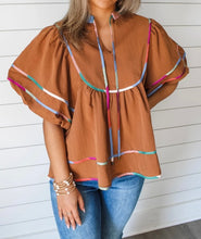 Load image into Gallery viewer, Colorful Trim Wide Short Sleeve V Neck Blouse
