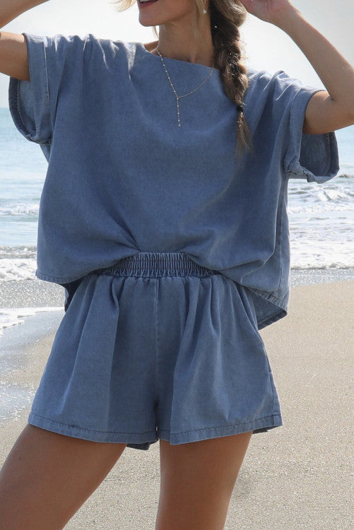 Denim Cuffed Sleeve Tee Elastic Shorts Set