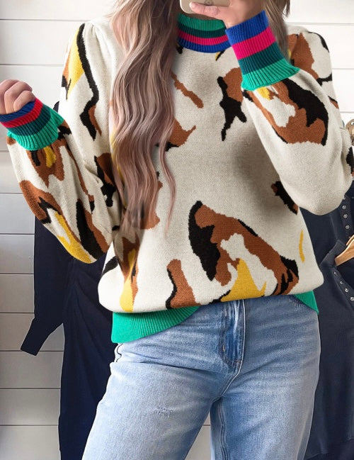 Contrast Ribbed Stripes Detail Animal Pattern Knit Sweater