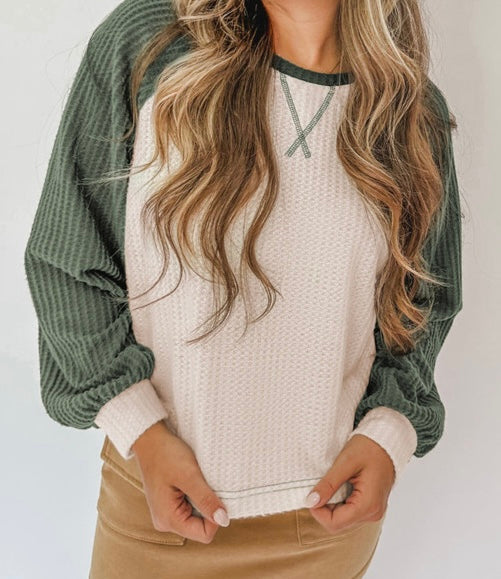 Green Waffle Color Block Raglan Sleeve Top