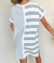 Load image into Gallery viewer, Gray Stripe Mixed Printed Short Sleeve Shift Mini T Shirt Dress
