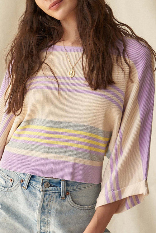 Striped Rib Knit Cuffed Dolman Sleeve Sweater