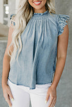 Load image into Gallery viewer, Frilly Pleated Button Back Retro Chambray Top

