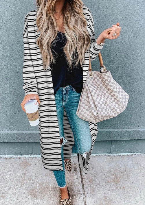Stripe Print Open Front Long Cardigan