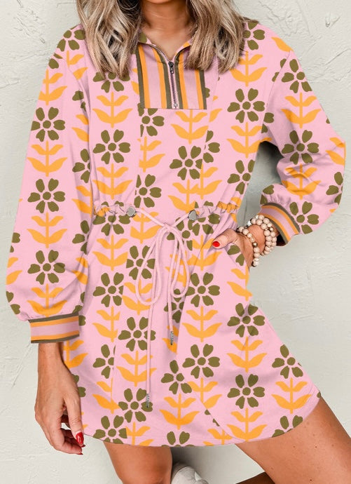 Floral Print Zip Neck Striped Patchwork Long Sleeve Drawstring Dress