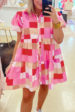Load image into Gallery viewer, Plaid Print Puff Sleeve Buttoned Tiered Dress
