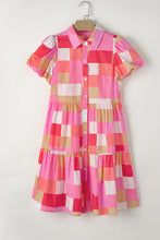 Load image into Gallery viewer, Plaid Print Puff Sleeve Buttoned Tiered Dress
