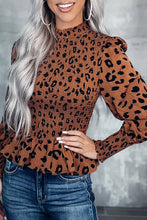 Load image into Gallery viewer, Leopard Smocked Puff Sleeve Peplum Top
