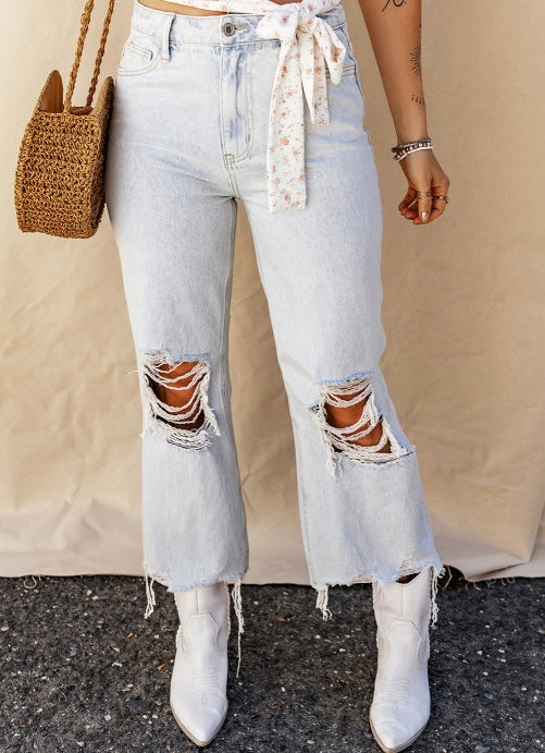 High Rise Ripped Frayed Hem Straight Jeans