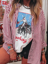 Load image into Gallery viewer, Stripe Patched Pocket Side Slit Loose Shirt
