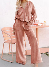 Load image into Gallery viewer, Peach Blossom Velvet Zip-up Hoodie and Wide Leg Pants Set
