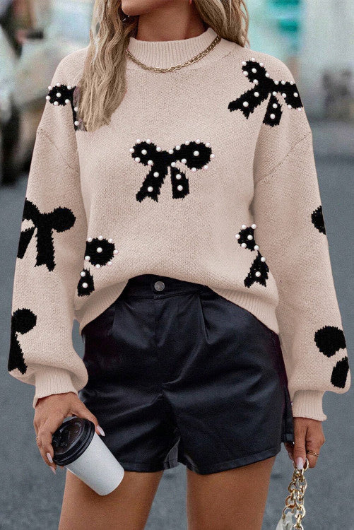 Pearl Embellished Bow Pattern Loose Sweater