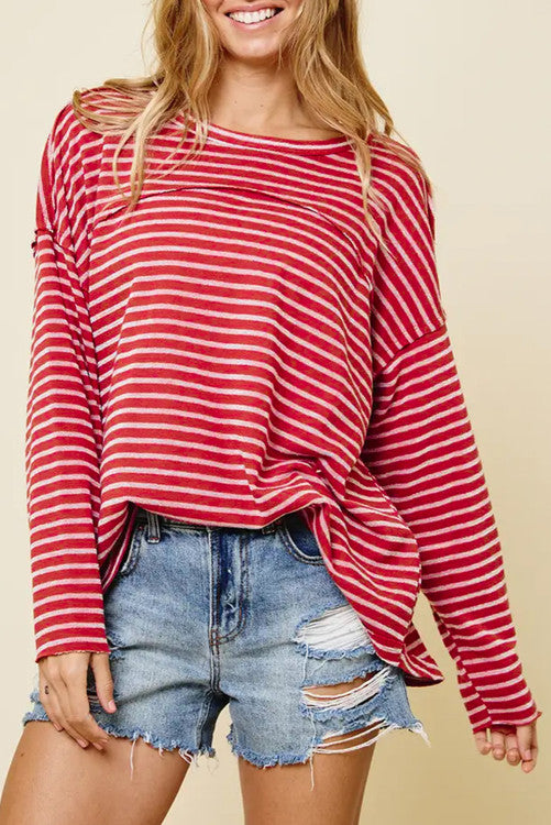 Striped Drop Shoulder Exposed Seam Long Sleeve Top