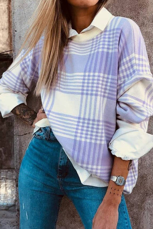 Plaid Print Ribbed Trim Loose Sweater