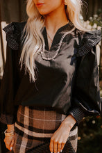 Load image into Gallery viewer, Contrast Stitched Detail V Neck Ruffle Long Sleeve Blouse
