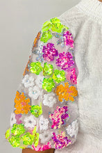 Load image into Gallery viewer, Smocked Collar Sequin Flower Puff Sleeve Textured Top
