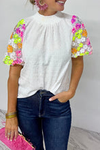 Load image into Gallery viewer, Smocked Collar Sequin Flower Puff Sleeve Textured Top
