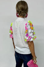 Load image into Gallery viewer, Smocked Collar Sequin Flower Puff Sleeve Textured Top
