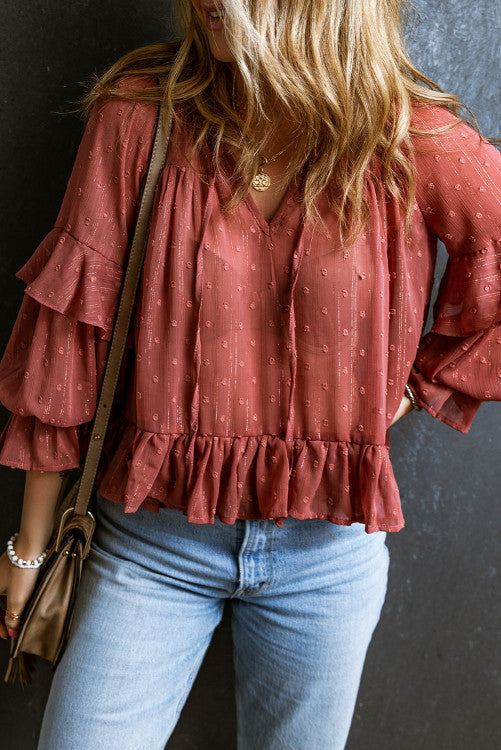 Swiss Dot Lace up V Neck Ruffled Blouse