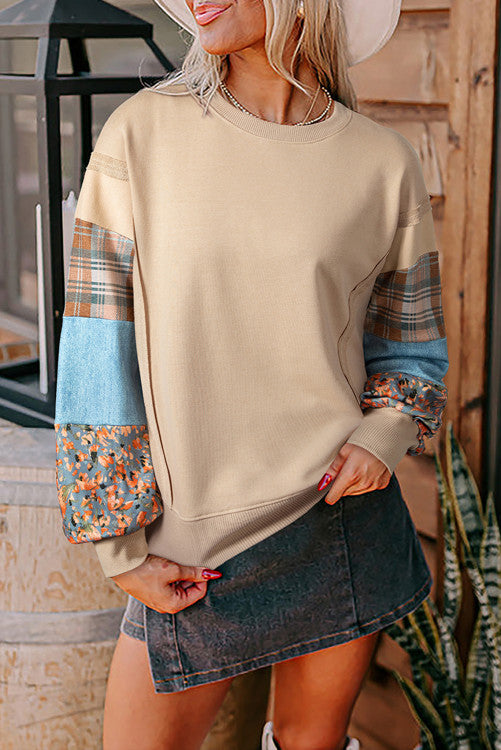 Plaid Colorblock Patchwork Sleeve Raw Seam Sweatshirt
