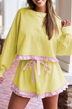 Load image into Gallery viewer, Plaid Ruffled Patchwork Drop Shoulder Pullover and Drawstring Elastic Waist Shorts Matching Set
