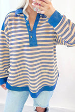 Load image into Gallery viewer, Stripe Buttoned V Neck Collared Drop Shoulder Top
