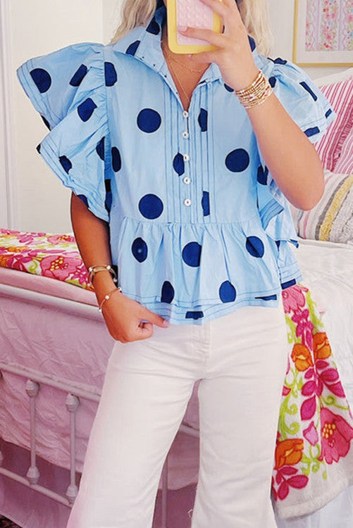 Polka Dot Print Ruffled Short Sleeve Buttoned Collared Blouse