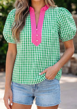Load image into Gallery viewer, Gingham Plaid Bubble Sleeve Colorblock Trim V Neck Blouse
