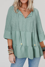 Load image into Gallery viewer, Green Tie Split Neck Textured Ruffle Patchwork Blouse
