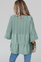 Load image into Gallery viewer, Green Tie Split Neck Textured Ruffle Patchwork Blouse
