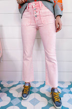 Load image into Gallery viewer, Pink Multi Buttons Raw Edge Crop Jeans
