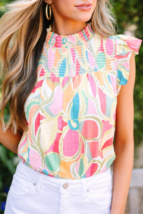 Abstract Print Smocked Collar Ruffled Sleeve Blouse