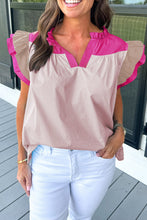 Load image into Gallery viewer, Colorblock Ruffled Sleeve Frill V Neck Blouse

