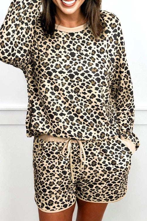 Leopard Print Contrast Trim Long Sleeve Pullover Drawstring Shorts 2pcs Outfit