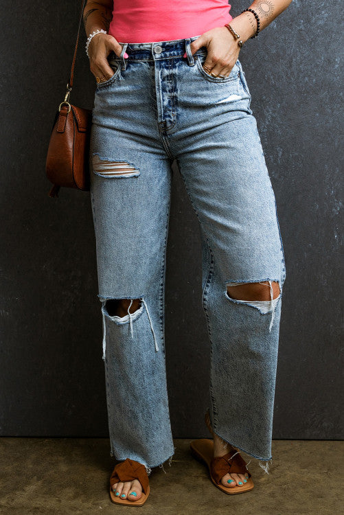 Distressed Ripped Raw Hem Straight Jeans