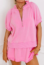 Load image into Gallery viewer, Half Zip Puff Sleeve Top and Ruffled Shorts Set
