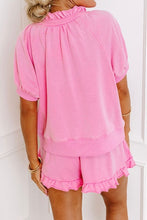 Load image into Gallery viewer, Half Zip Puff Sleeve Top and Ruffled Shorts Set
