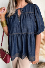 Load image into Gallery viewer, Puff Sleeve Lace-up Neckline Denim babydoll top

