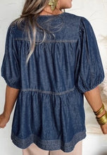 Load image into Gallery viewer, Puff Sleeve Lace-up Neckline Denim babydoll top
