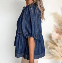 Load image into Gallery viewer, Puff Sleeve Lace-up Neckline Denim babydoll top
