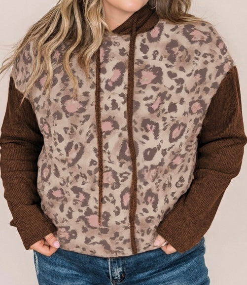 Leopard Print Knit Patchwork Plus Hoodie