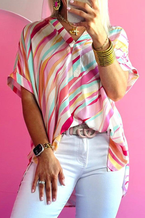 Abstract Print High Low Short Sleeve Blouse