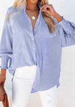 Load image into Gallery viewer, Smocked Cuffed Striped Boyfriend Shirt with Pocket
