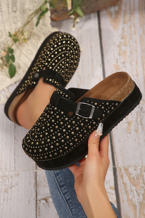 Rivet Buckle Closed Toe Platform Slippers