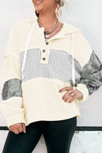 Load image into Gallery viewer, Waffle Printed Patchwork Drawstring Hooded Long Sleeve Top
