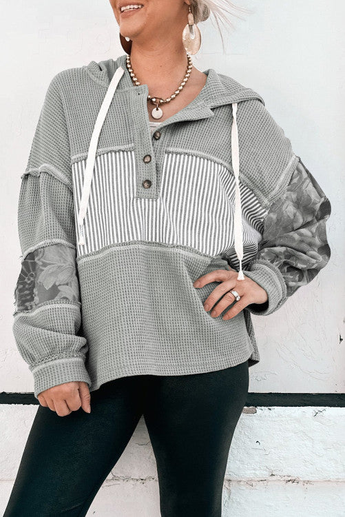 Waffle Printed Patchwork Drawstring Hooded Long Sleeve Top