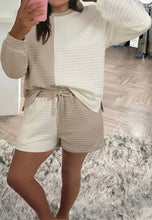 Load image into Gallery viewer, Khaki Color Block Patchwork Textured Long Sleeve Top 2pcs Short Set
