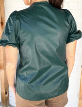 Load image into Gallery viewer, Green Notched V Neck Short Puff Sleeve PU Leather Blouse
