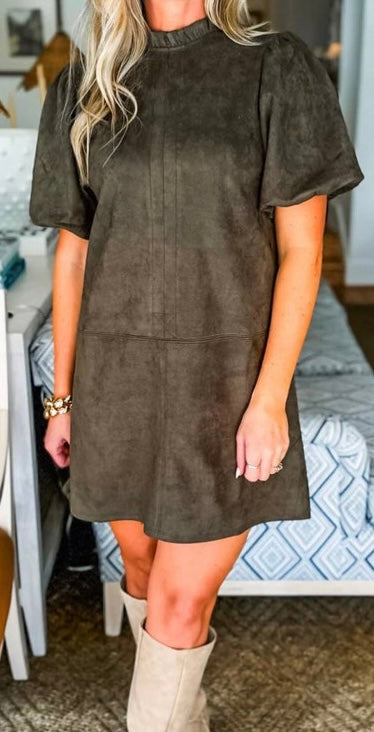 Frilled Round Neck Short Puff Sleeve Shift Mini Dress