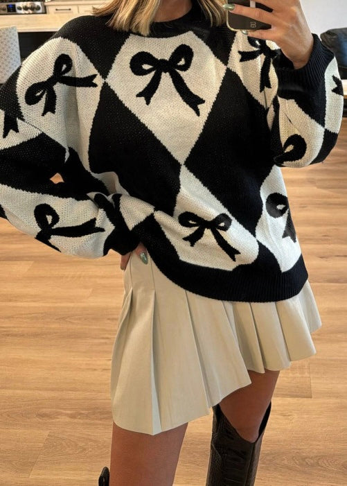 Bow Print 2-tone Rhombus Knit Loose Sweater